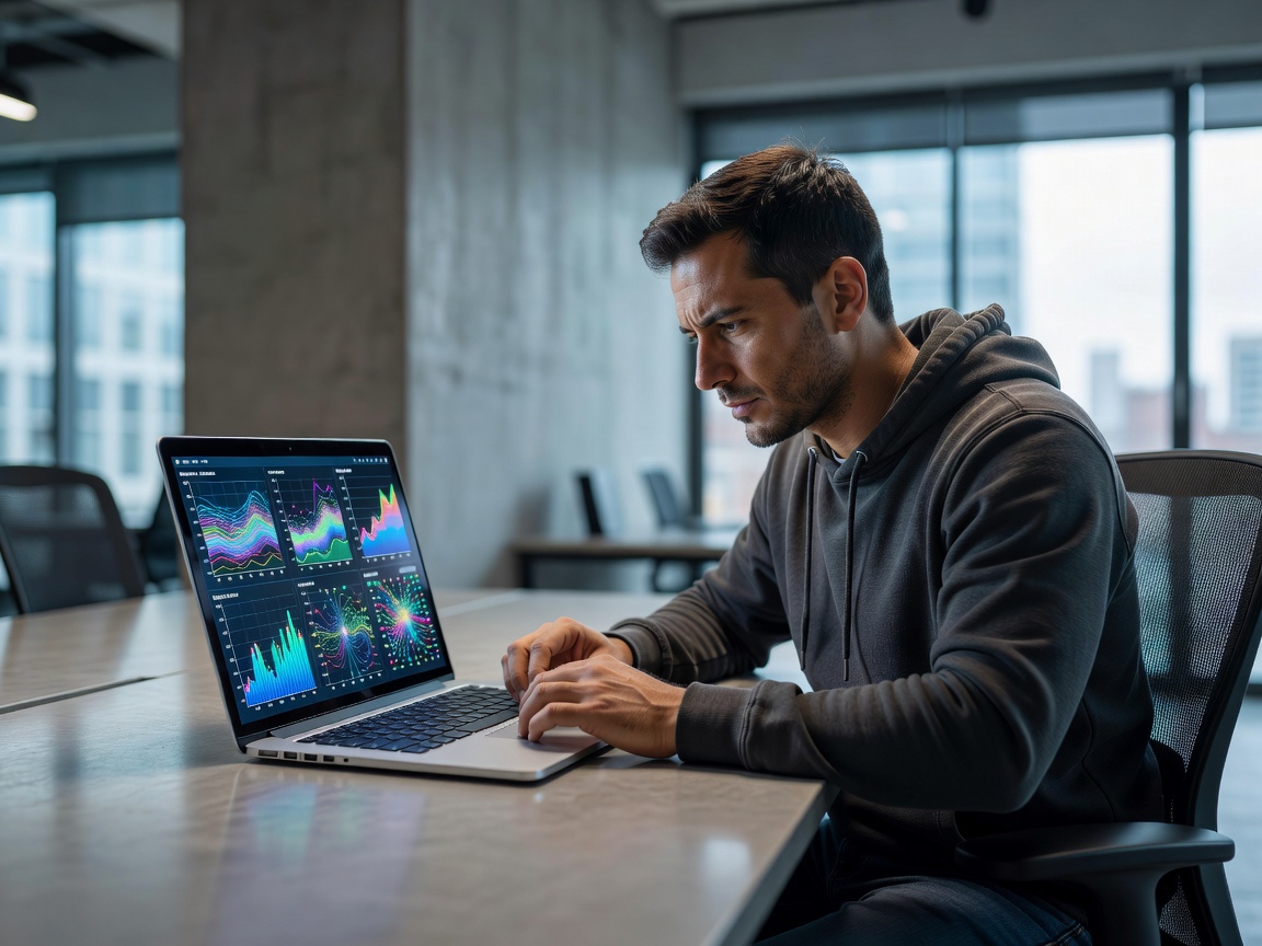 Person analysiert Daten auf einem Laptop für einen Software-Test