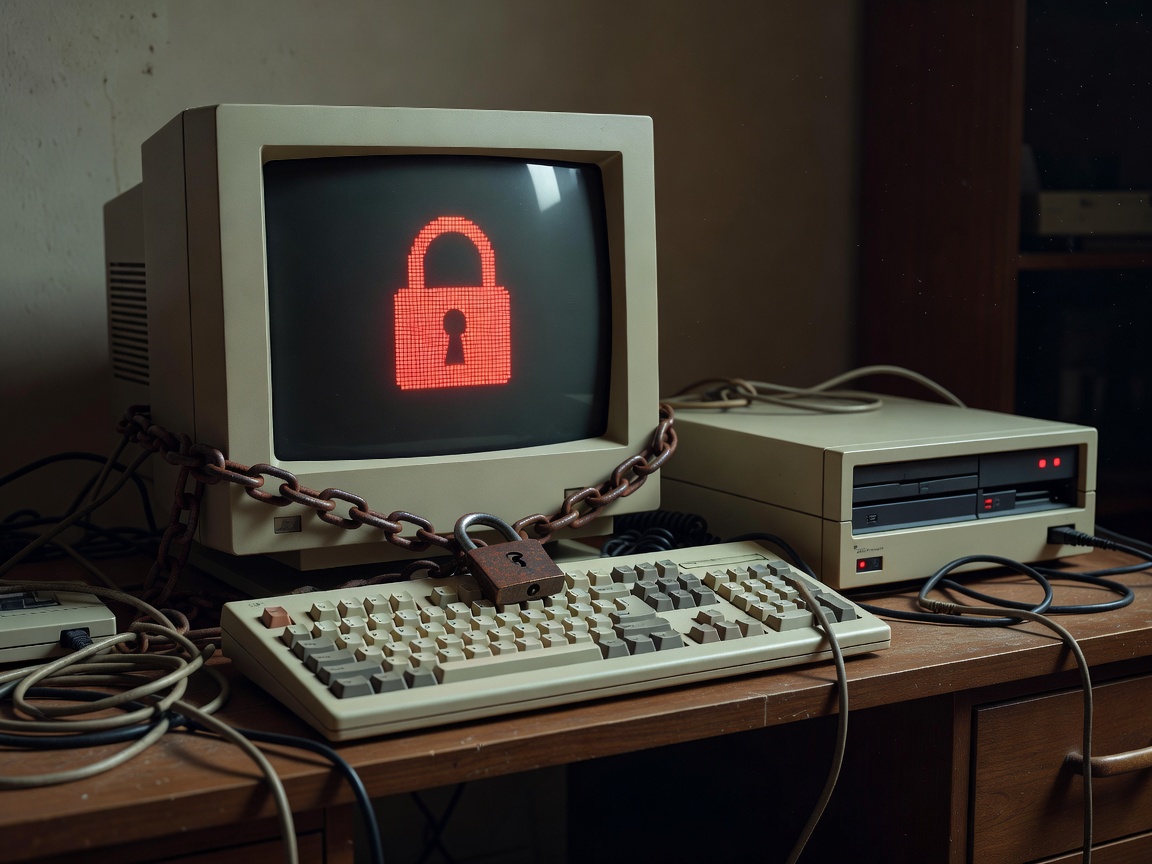 Retro-Computer-Setup symbolisiert digitale Sicherheit und Blockierung